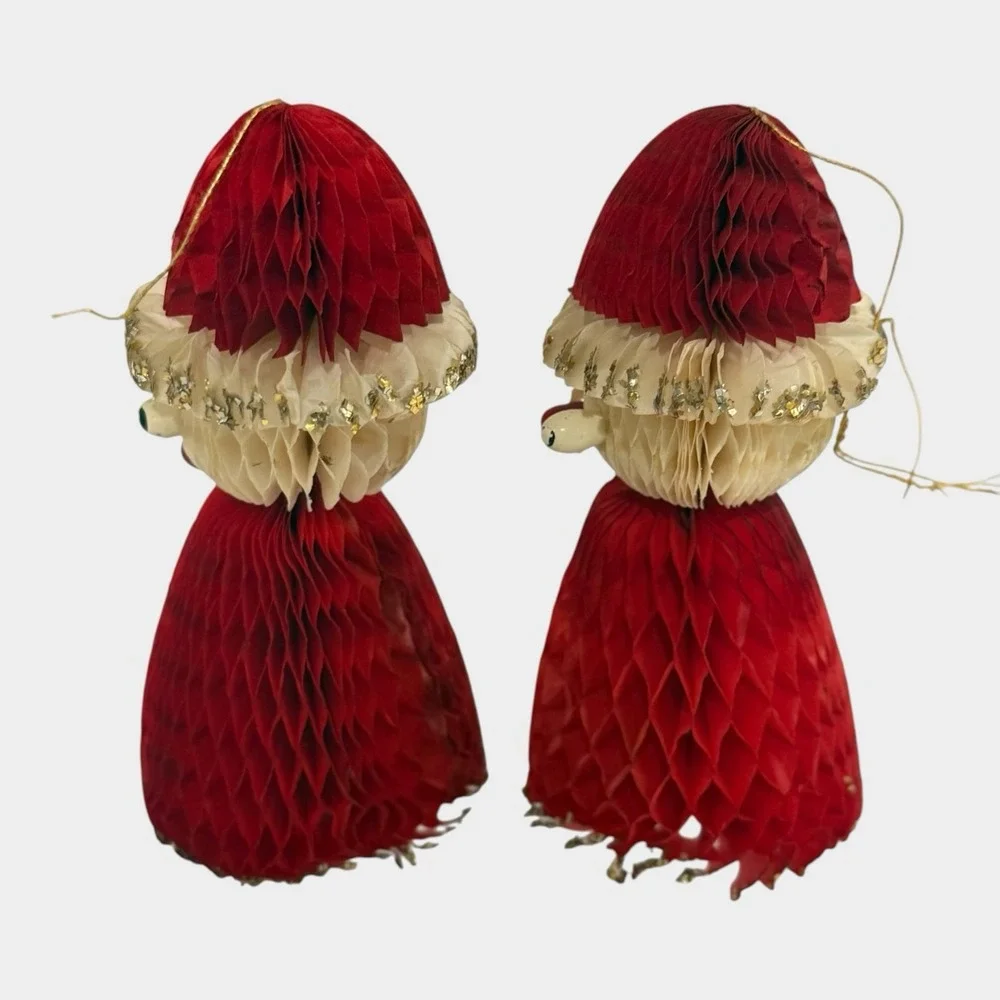 Honeycomb Paper Santa Ornaments Set of 6 Original Box c1950s Christmas Vintage